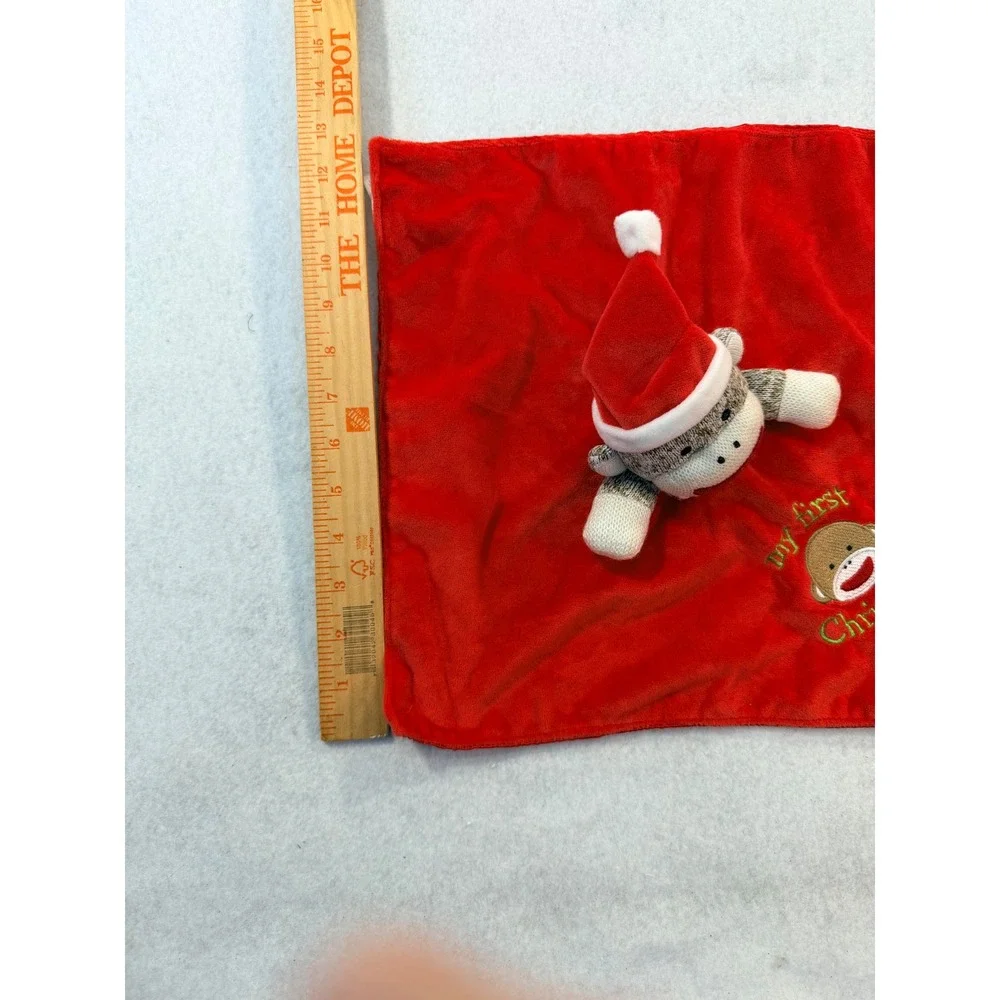 My First Christmas Sock Monkey Baby Security Blanket Red Plush Lovey Santa Hat